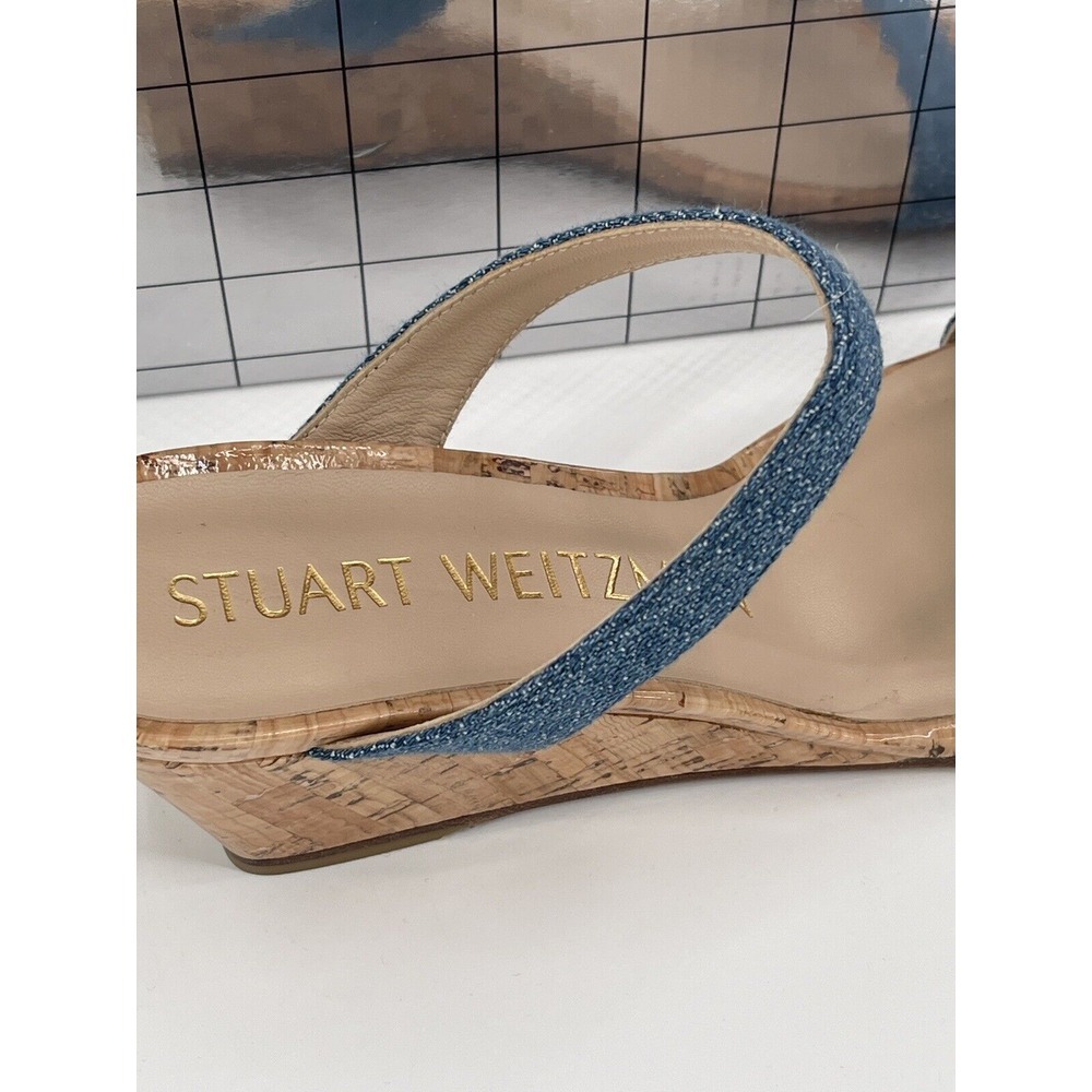 Stuart Weitzman Wedge Sandal Square Toe‎ Heel Washed Blue Women's Size 5.5 New - Picture 4 of 12